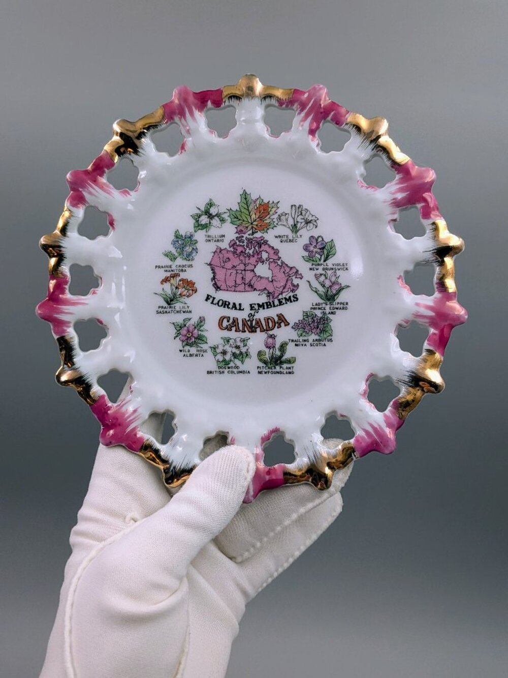 Vintage Reticulated Pink & Gold Souvenir Plate - Floral Emblems of Canada